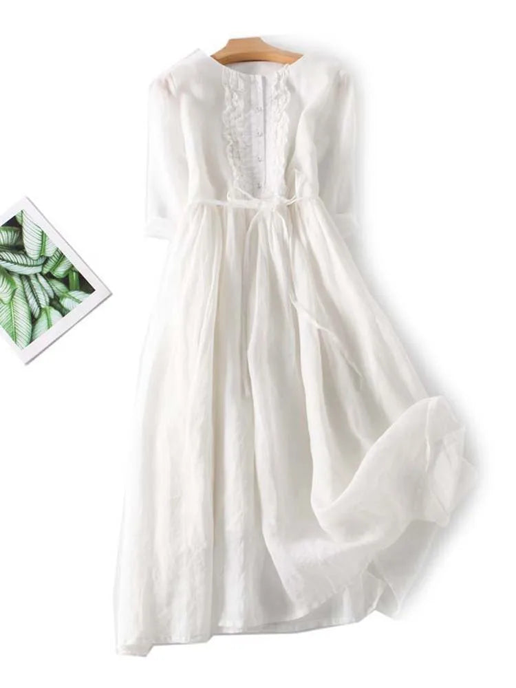 Arya - Women’s Retro Style Dress with Round Neck and Waist Ties